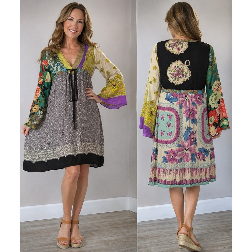 RARE 100% Silk Patchwork Tunic Dress Boho Bell Sleeve Italy Size 44 Medium